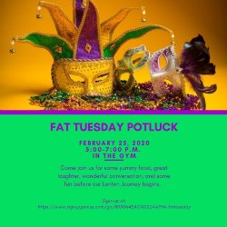 Mardi Gras mask & beads. Reads Fat Tuesday Potluck 2/25 5 - 7 PM